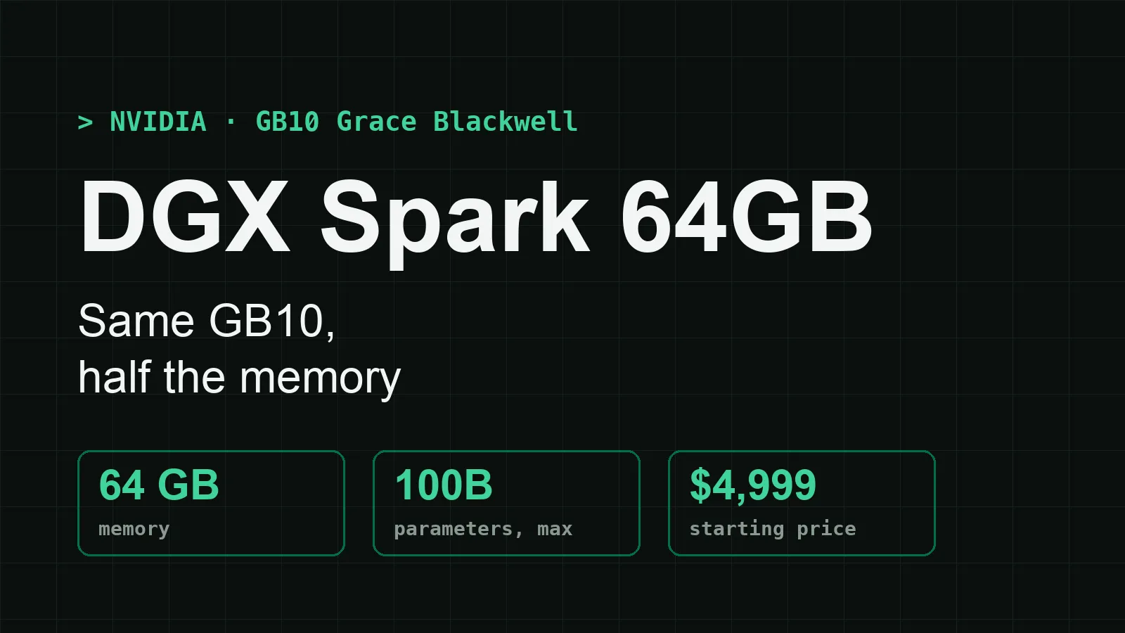 DGX Spark 64GB: 64 GB memory, models up to 100B parameters, from $4,999