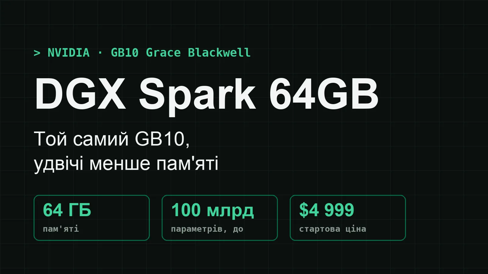 DGX Spark 64GB: 64 ГБ пам'яті, моделі до 100 млрд параметрів, від $4 999